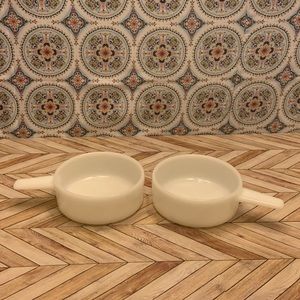 2 Vintage Milk Glass Bake Soup Bowl with Handle 1970's J2639 14oz USA Ovenware